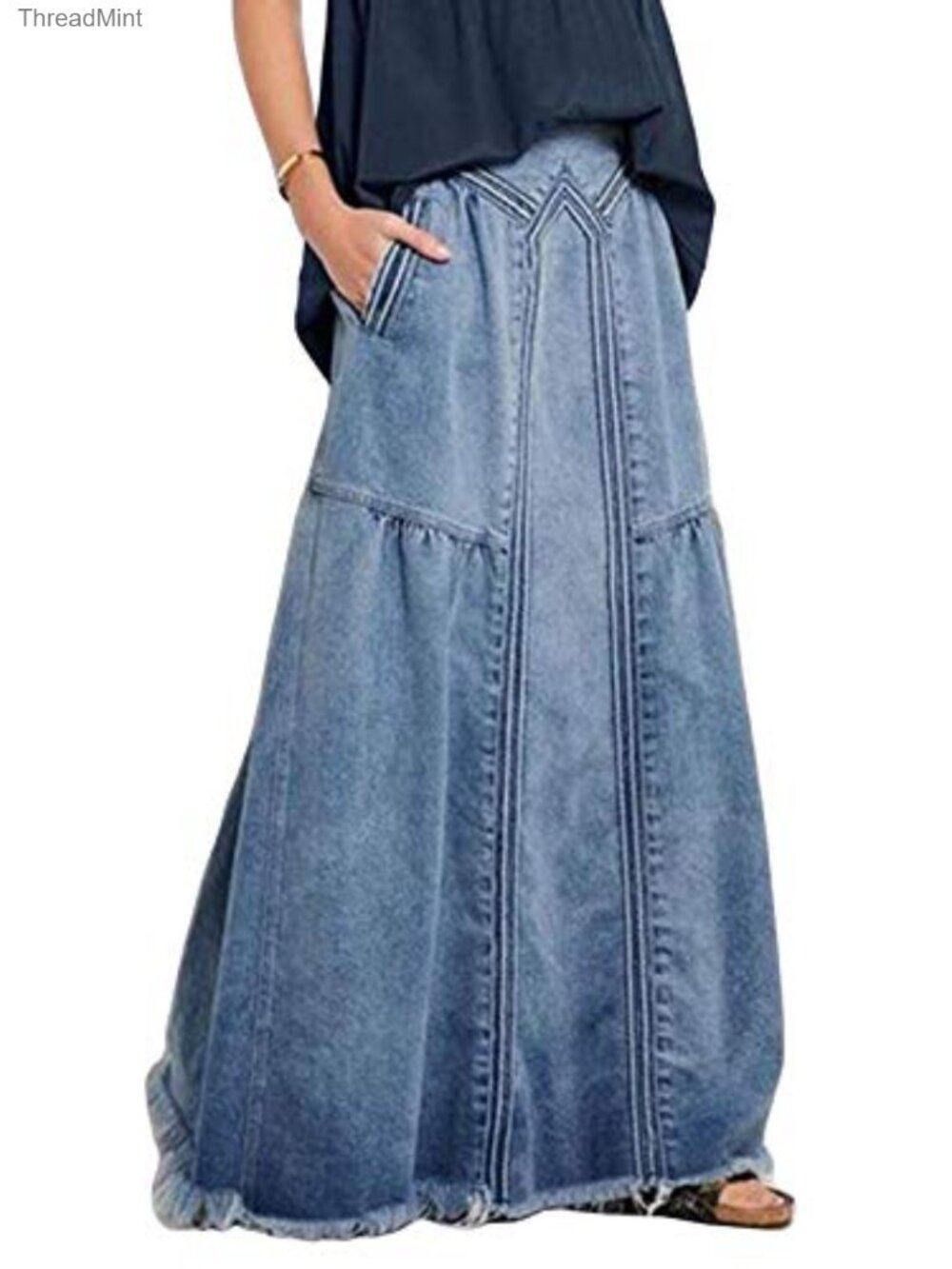 Vintage Frayed Hem Maxi Denim Skirt A-Line Distressed Flowy Long Skirt - Picture 1 of 6
